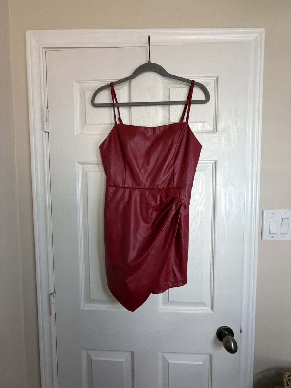Blue Blush Faux Leather Red Burgundy Ruched Mini Dress Size M